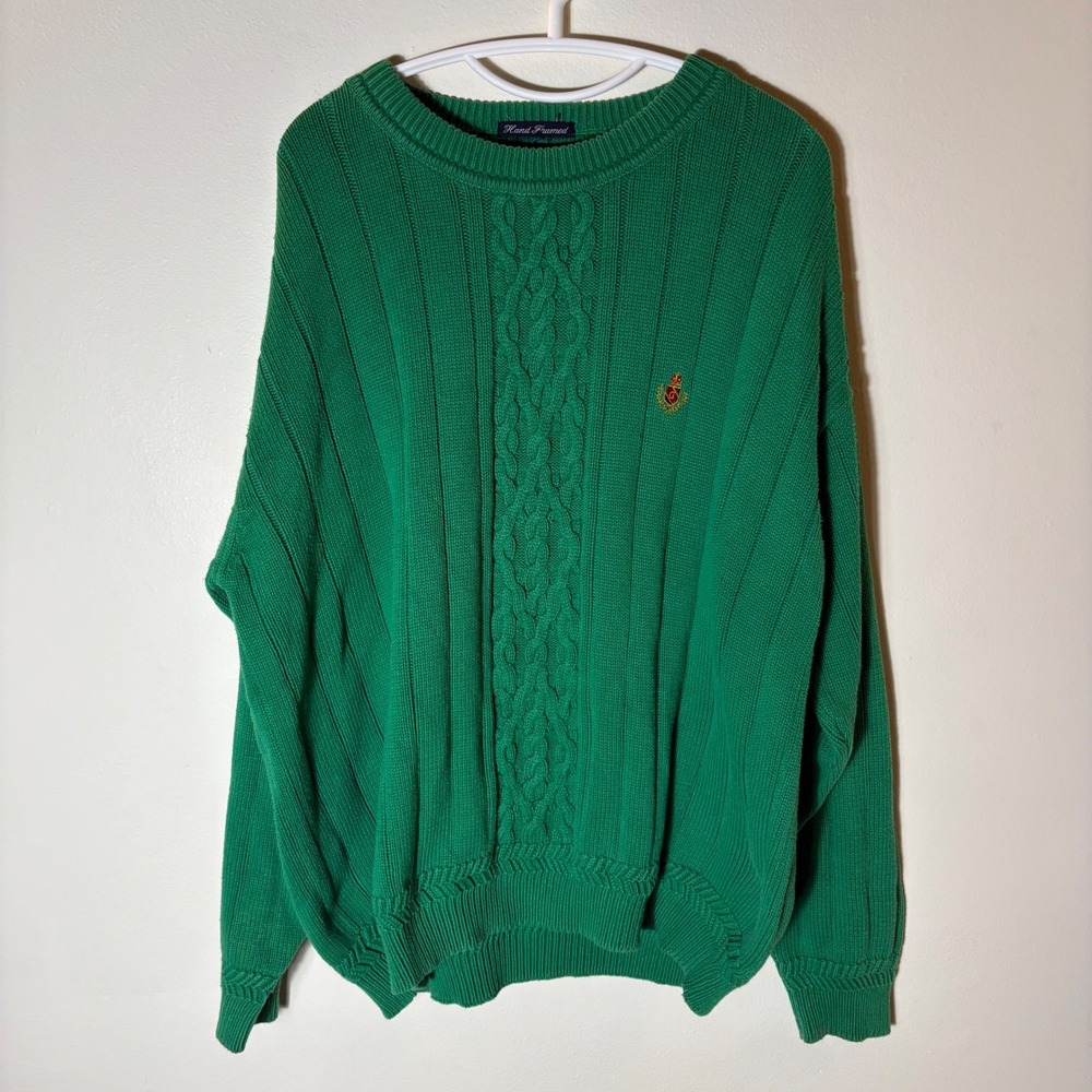 GANT Green Cable Knit Sweater Crew Neck Cotton Size XL